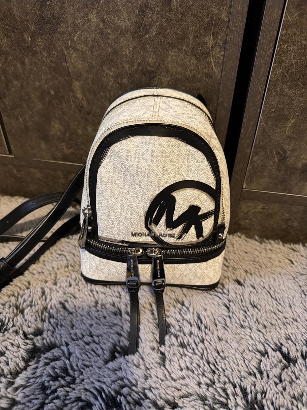 Michael Kors White and Black Logo Mini Backpack In Amazing Condition